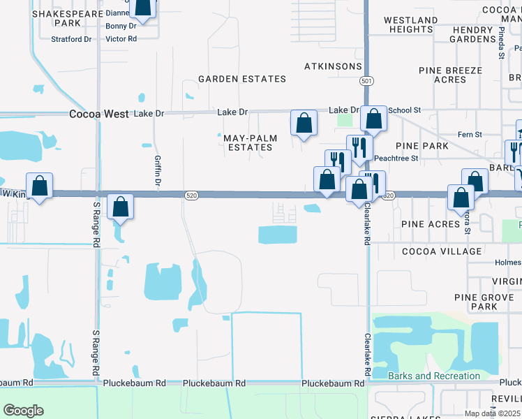 map of restaurants, bars, coffee shops, grocery stores, and more near 1885 West King Street in Cocoa