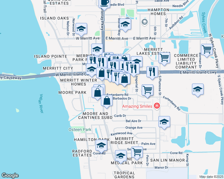map of restaurants, bars, coffee shops, grocery stores, and more near 125 East Merritt Island Causeway in Merritt Island