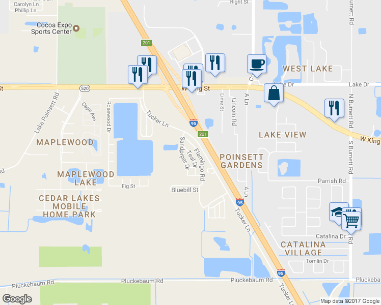 map of restaurants, bars, coffee shops, grocery stores, and more near 211 Teal Lane in Cocoa