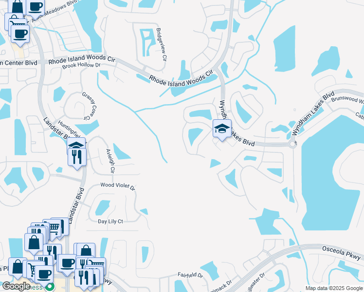 map of restaurants, bars, coffee shops, grocery stores, and more near 14679 Huntcliff Park Way in Orlando