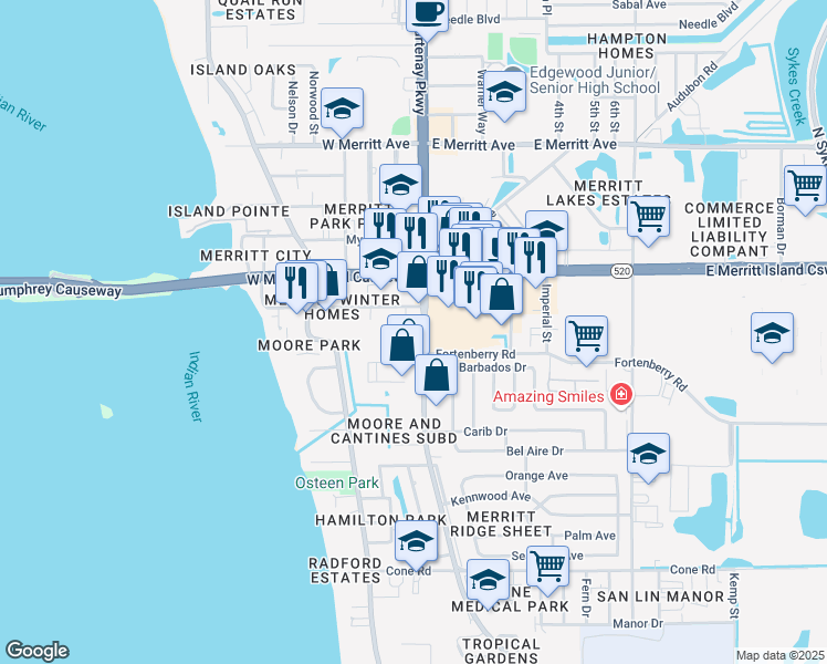 map of restaurants, bars, coffee shops, grocery stores, and more near 162 South Courtenay Parkway in Merritt Island