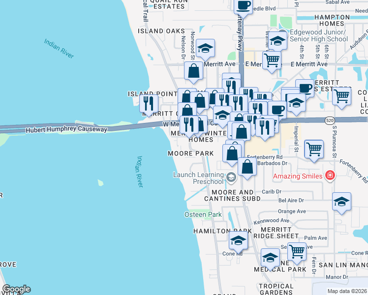 map of restaurants, bars, coffee shops, grocery stores, and more near 161 South Tropical Trail in Merritt Island