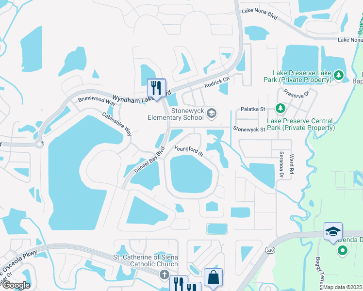 map of restaurants, bars, coffee shops, grocery stores, and more near 14261 Queenside St in Meadow Woods