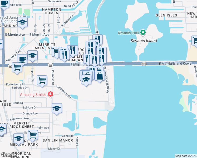 map of restaurants, bars, coffee shops, grocery stores, and more near 777 East Merritt Island Causeway in Merritt Island