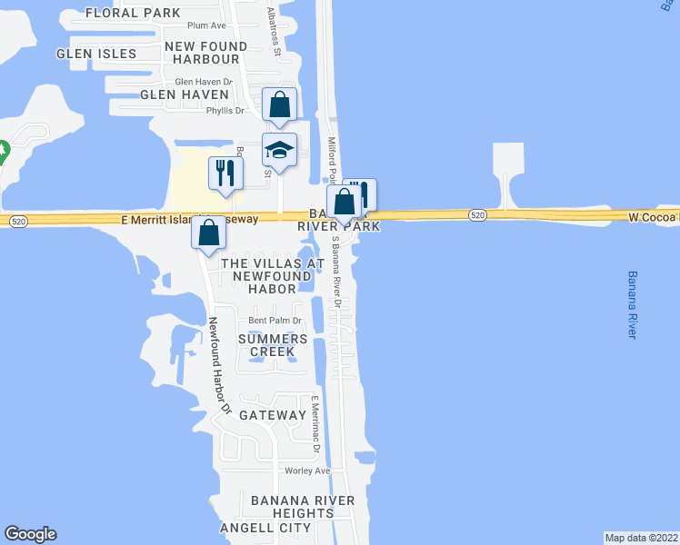 map of restaurants, bars, coffee shops, grocery stores, and more near 135 South Banana River Drive in Merritt Island