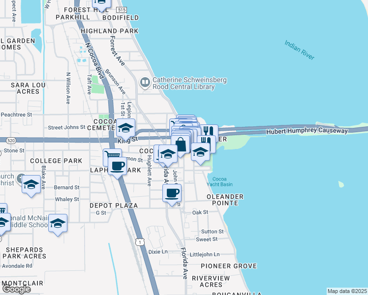 map of restaurants, bars, coffee shops, grocery stores, and more near 100 Harrison Street in Cocoa