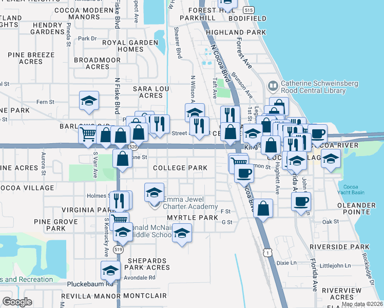 map of restaurants, bars, coffee shops, grocery stores, and more near 436 Satsuma Street in Cocoa