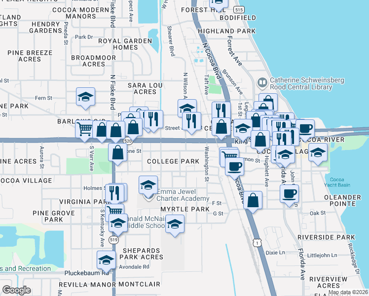map of restaurants, bars, coffee shops, grocery stores, and more near 436 Satsuma Street in Cocoa