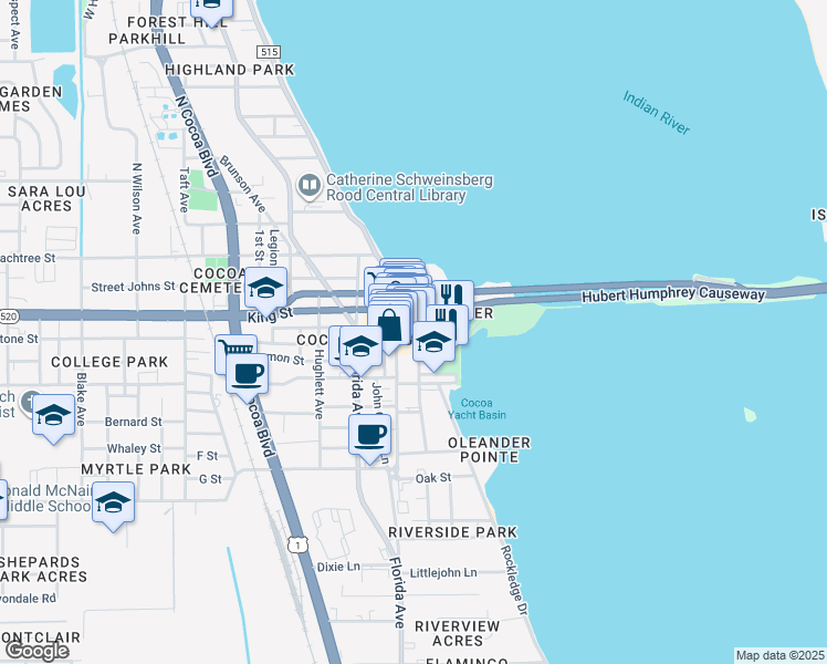 map of restaurants, bars, coffee shops, grocery stores, and more near 100 Harrison Street in Cocoa