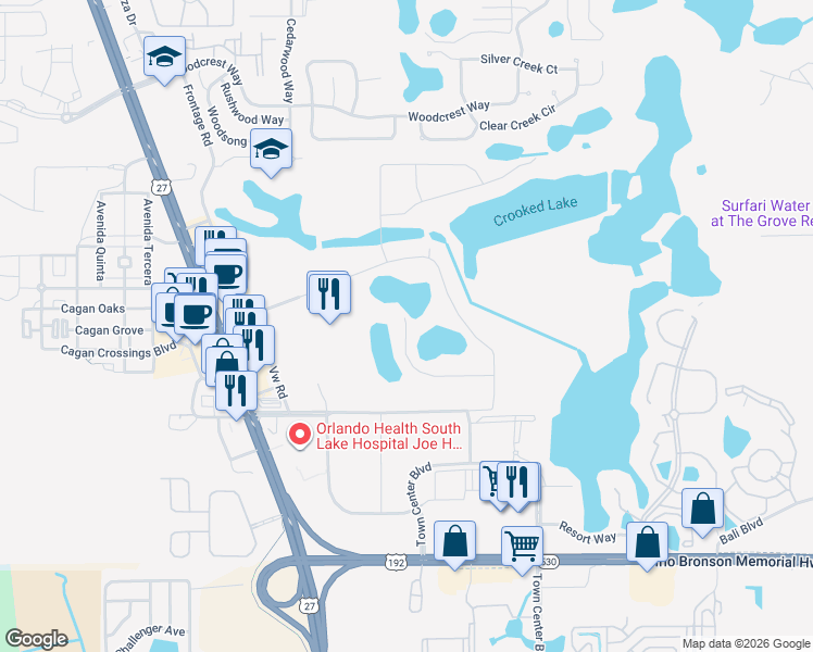 map of restaurants, bars, coffee shops, grocery stores, and more near 550 U.S. 27 in Clermont