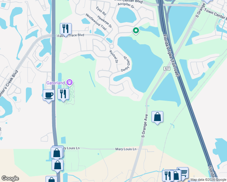 map of restaurants, bars, coffee shops, grocery stores, and more near 1514 Derby Glen Drive in Orlando