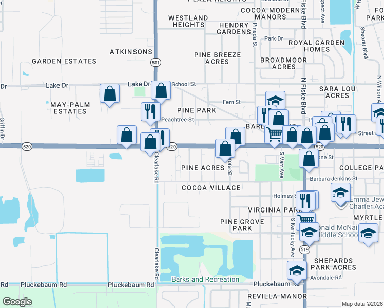 map of restaurants, bars, coffee shops, grocery stores, and more near 108 Grace Avenue in Cocoa