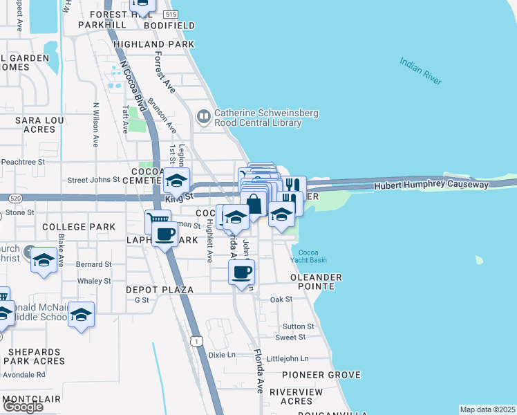 map of restaurants, bars, coffee shops, grocery stores, and more near 300 Brevard Avenue in Cocoa