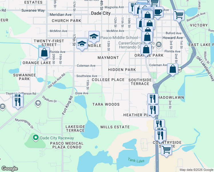 map of restaurants, bars, coffee shops, grocery stores, and more near 13520 14th Street in Dade City