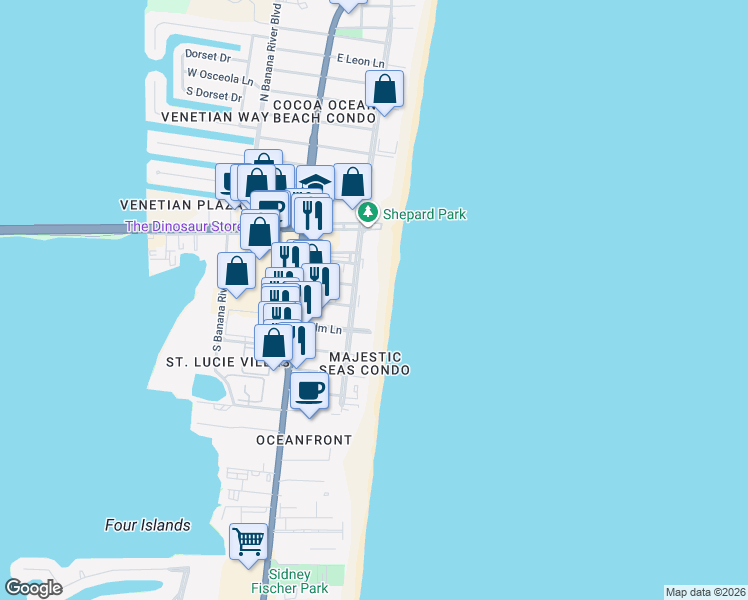 map of restaurants, bars, coffee shops, grocery stores, and more near 4000 Ocean Beach Boulevard in Cocoa Beach