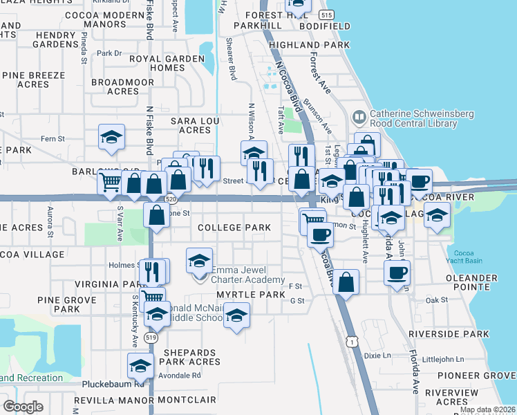 map of restaurants, bars, coffee shops, grocery stores, and more near 436 Satsuma Street in Cocoa