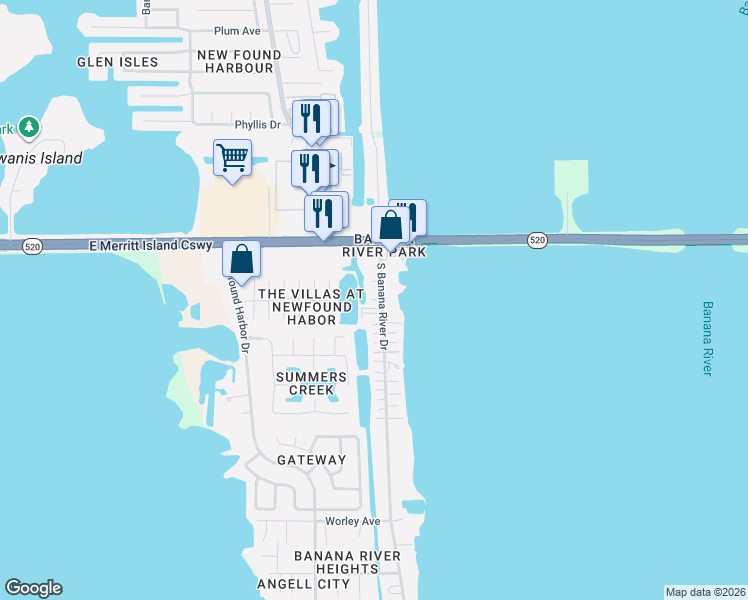 map of restaurants, bars, coffee shops, grocery stores, and more near 135 South Banana River Drive in Merritt Island