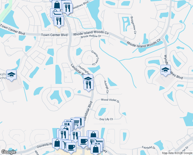 map of restaurants, bars, coffee shops, grocery stores, and more near 14611 Brightwell Court in Orlando