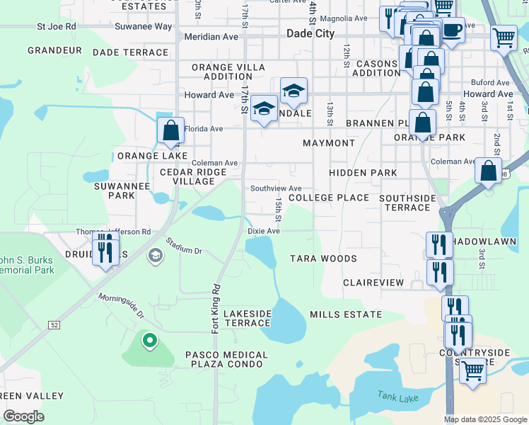 map of restaurants, bars, coffee shops, grocery stores, and more near 37331 Dixie Avenue in Dade City