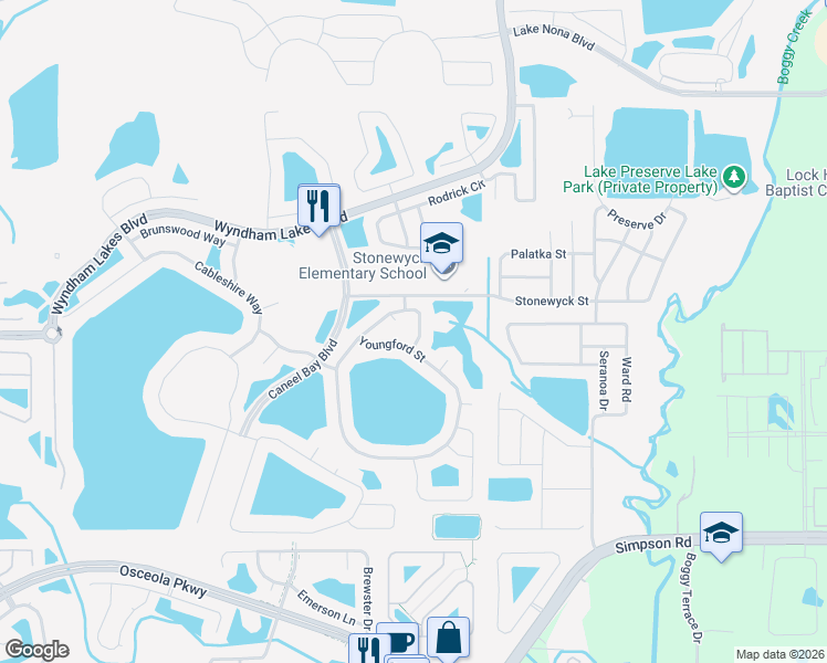 map of restaurants, bars, coffee shops, grocery stores, and more near 14119 Queenside Street in Orlando