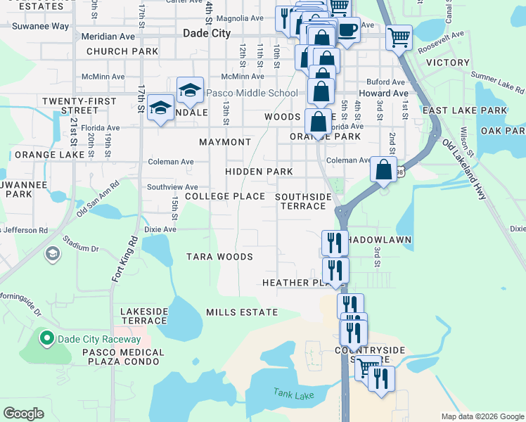 map of restaurants, bars, coffee shops, grocery stores, and more near 37715 Dixie Avenue in Dade City