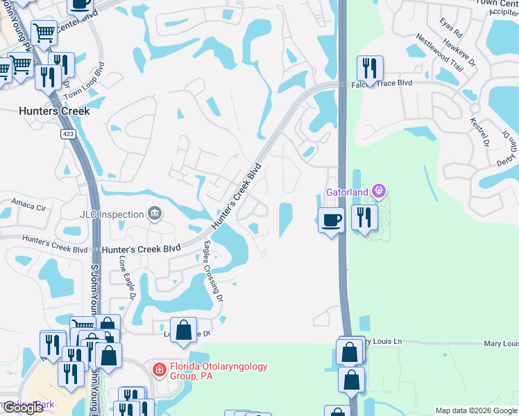 map of restaurants, bars, coffee shops, grocery stores, and more near 2206 Stonemill Drive in Orlando
