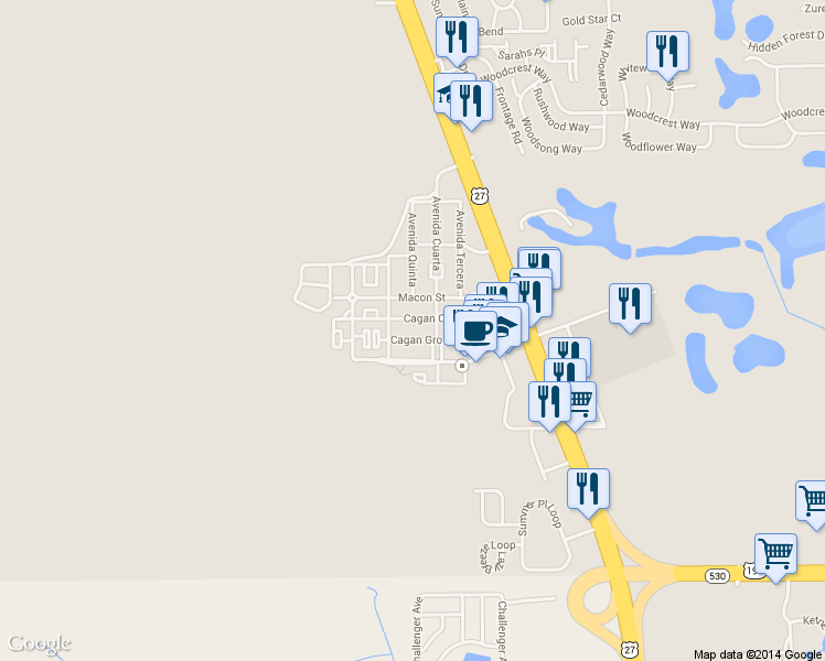 map of restaurants, bars, coffee shops, grocery stores, and more near 602 Avenida Cuarta in Clermont