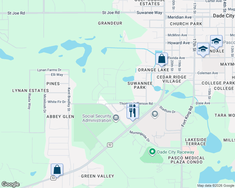 map of restaurants, bars, coffee shops, grocery stores, and more near 36503 Thomas Jefferson Road in Dade City