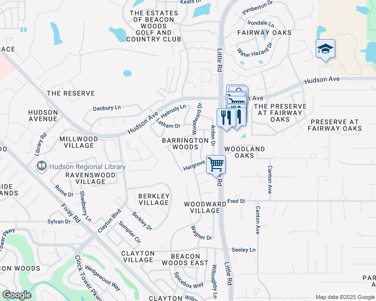 map of restaurants, bars, coffee shops, grocery stores, and more near 8800 Cadhay Drive in Hudson
