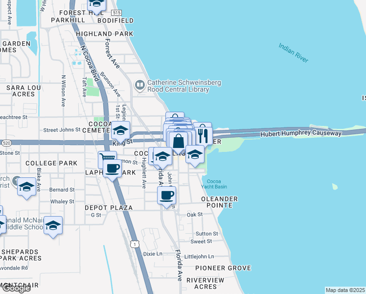 map of restaurants, bars, coffee shops, grocery stores, and more near 300 Brevard Avenue in Cocoa