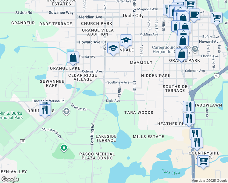map of restaurants, bars, coffee shops, grocery stores, and more near 13616 Embassy Park Court in Dade City