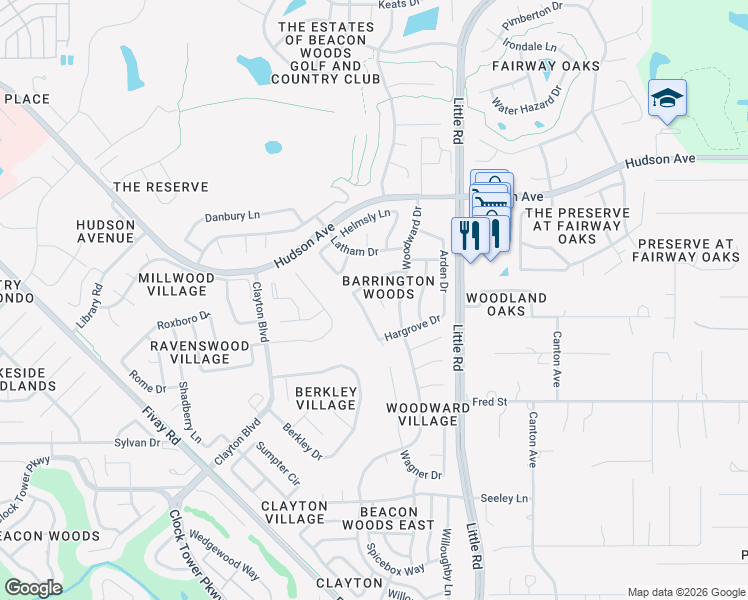 map of restaurants, bars, coffee shops, grocery stores, and more near 13625 Deventer Court in Hudson
