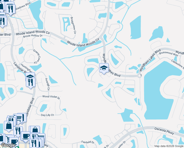 map of restaurants, bars, coffee shops, grocery stores, and more near 14472 Huntcliff Park Way in Orlando