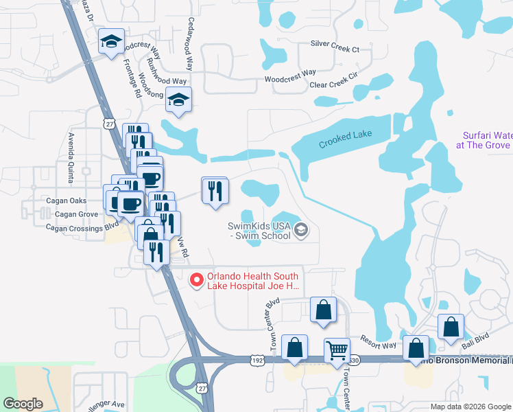 map of restaurants, bars, coffee shops, grocery stores, and more near 17139 Cagan Crossings Boulevard in Clermont
