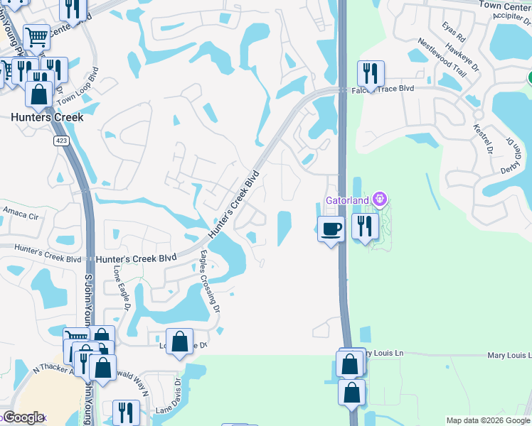 map of restaurants, bars, coffee shops, grocery stores, and more near 14639 Musket Fire Lane in Orlando