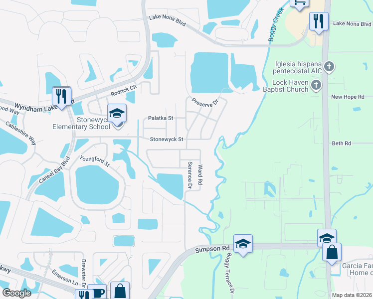 map of restaurants, bars, coffee shops, grocery stores, and more near 14577 Ward Road in Orlando
