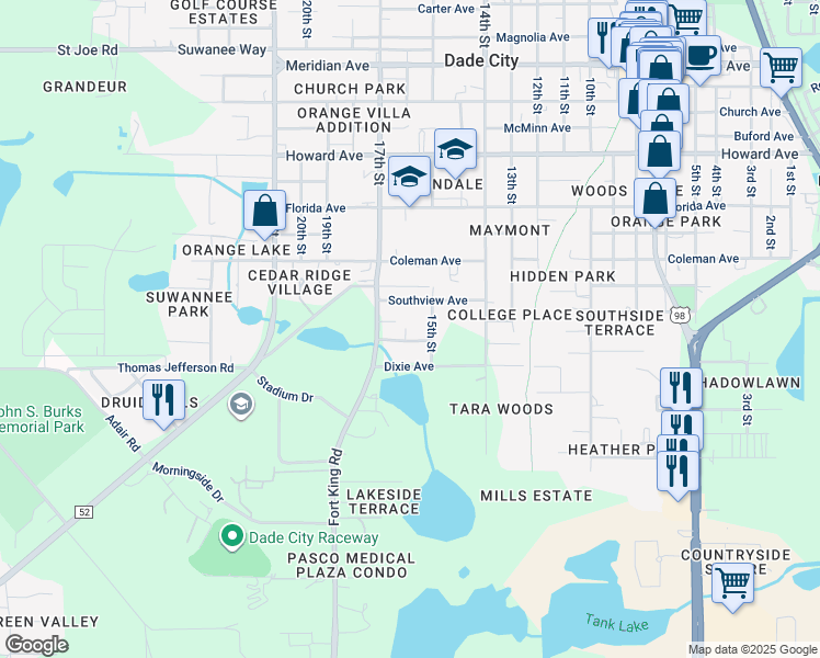 map of restaurants, bars, coffee shops, grocery stores, and more near 13616 Embassy Park Court in Dade City