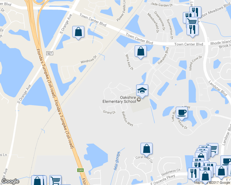 map of restaurants, bars, coffee shops, grocery stores, and more near 619 Whispering Cypress Lane in Orlando