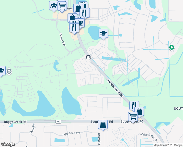 map of restaurants, bars, coffee shops, grocery stores, and more near Narcoossee Road in Orlando