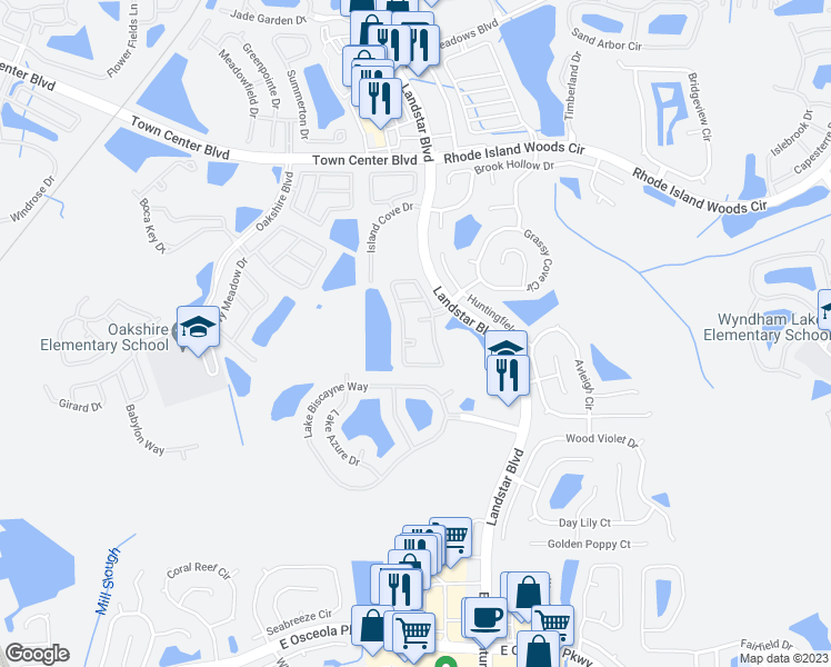 map of restaurants, bars, coffee shops, grocery stores, and more near 1219 Caribbean Cove Court in Orlando