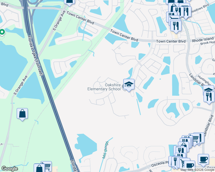 map of restaurants, bars, coffee shops, grocery stores, and more near 1037 Raining Meadows Lane in Orlando