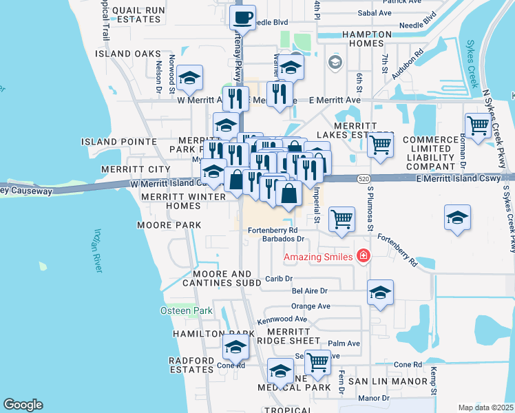 map of restaurants, bars, coffee shops, grocery stores, and more near 125 East Merritt Island Causeway in Merritt Island