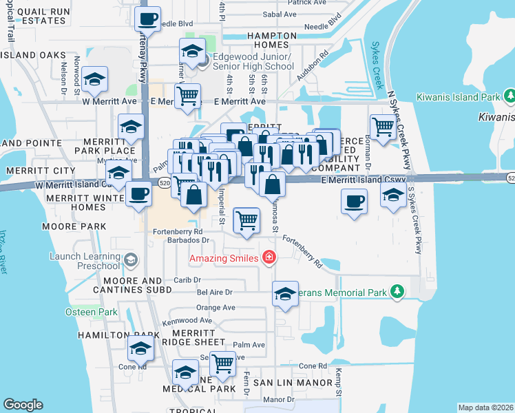 map of restaurants, bars, coffee shops, grocery stores, and more near 325 West Merritt Island Causeway in Merritt Island
