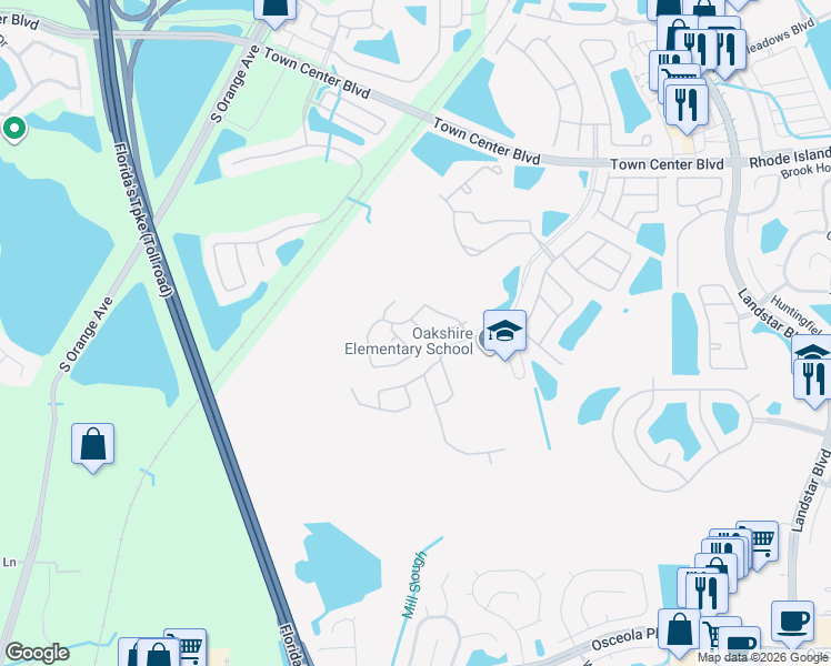 map of restaurants, bars, coffee shops, grocery stores, and more near 607 Whispering Cypress Lane in Orlando