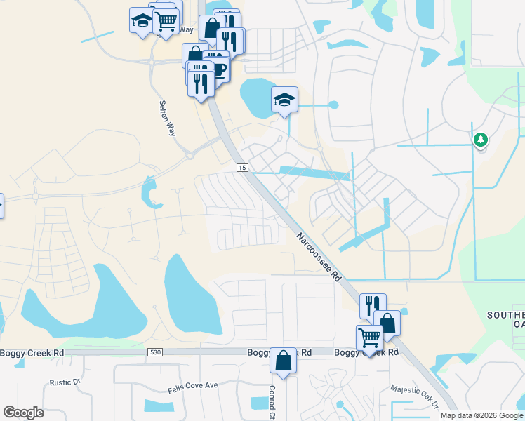 map of restaurants, bars, coffee shops, grocery stores, and more near Narcoossee Road in Orlando