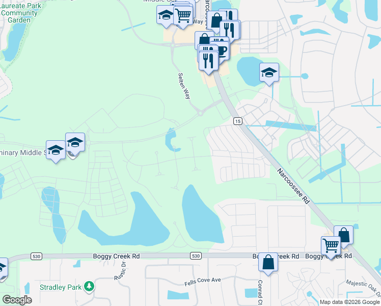 map of restaurants, bars, coffee shops, grocery stores, and more near Narcoossee Rd in Orlando