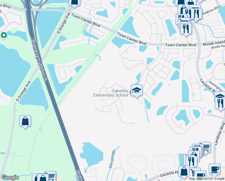 map of restaurants, bars, coffee shops, grocery stores, and more near 607 Whispering Cypress Lane in Orlando