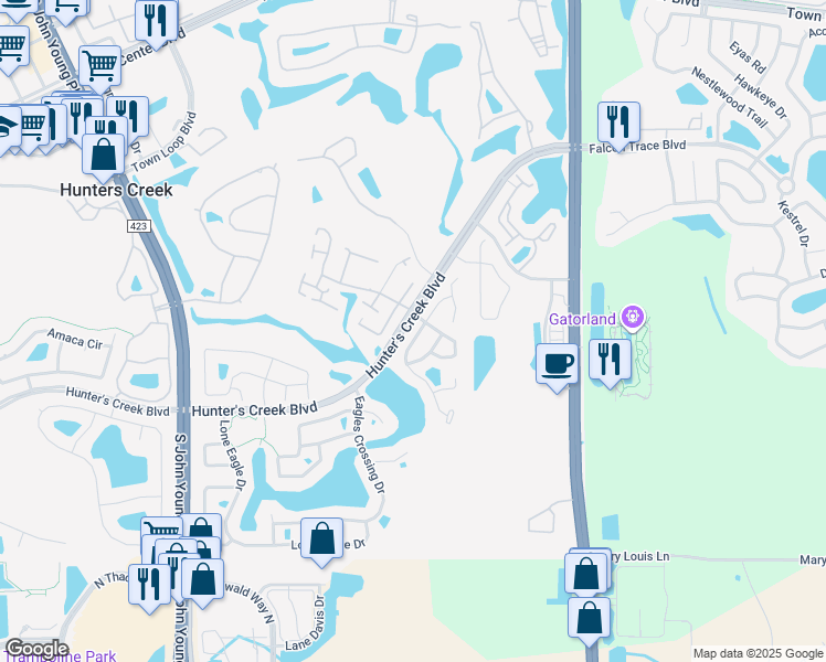 map of restaurants, bars, coffee shops, grocery stores, and more near 2213 Settlers Trail in Orlando
