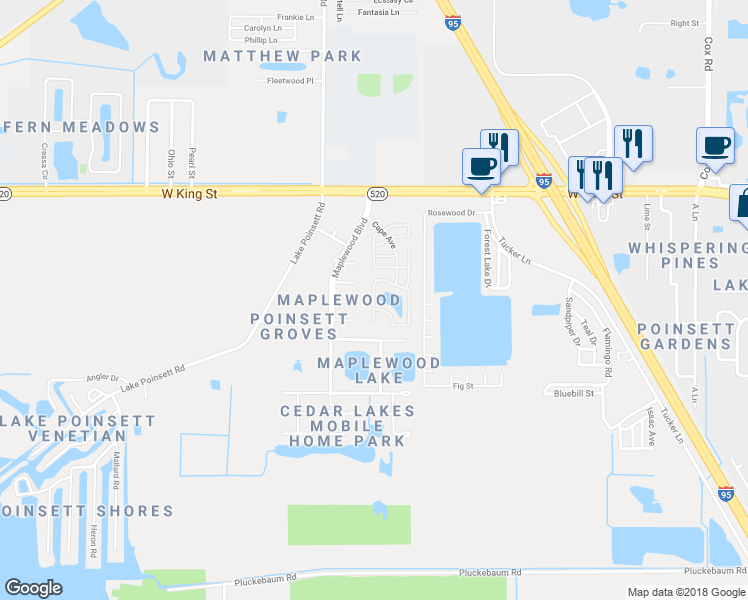 map of restaurants, bars, coffee shops, grocery stores, and more near West Lakeshore Drive in Cocoa