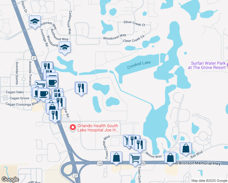 map of restaurants, bars, coffee shops, grocery stores, and more near 17256 Cagan Crossings Boulevard in Clermont